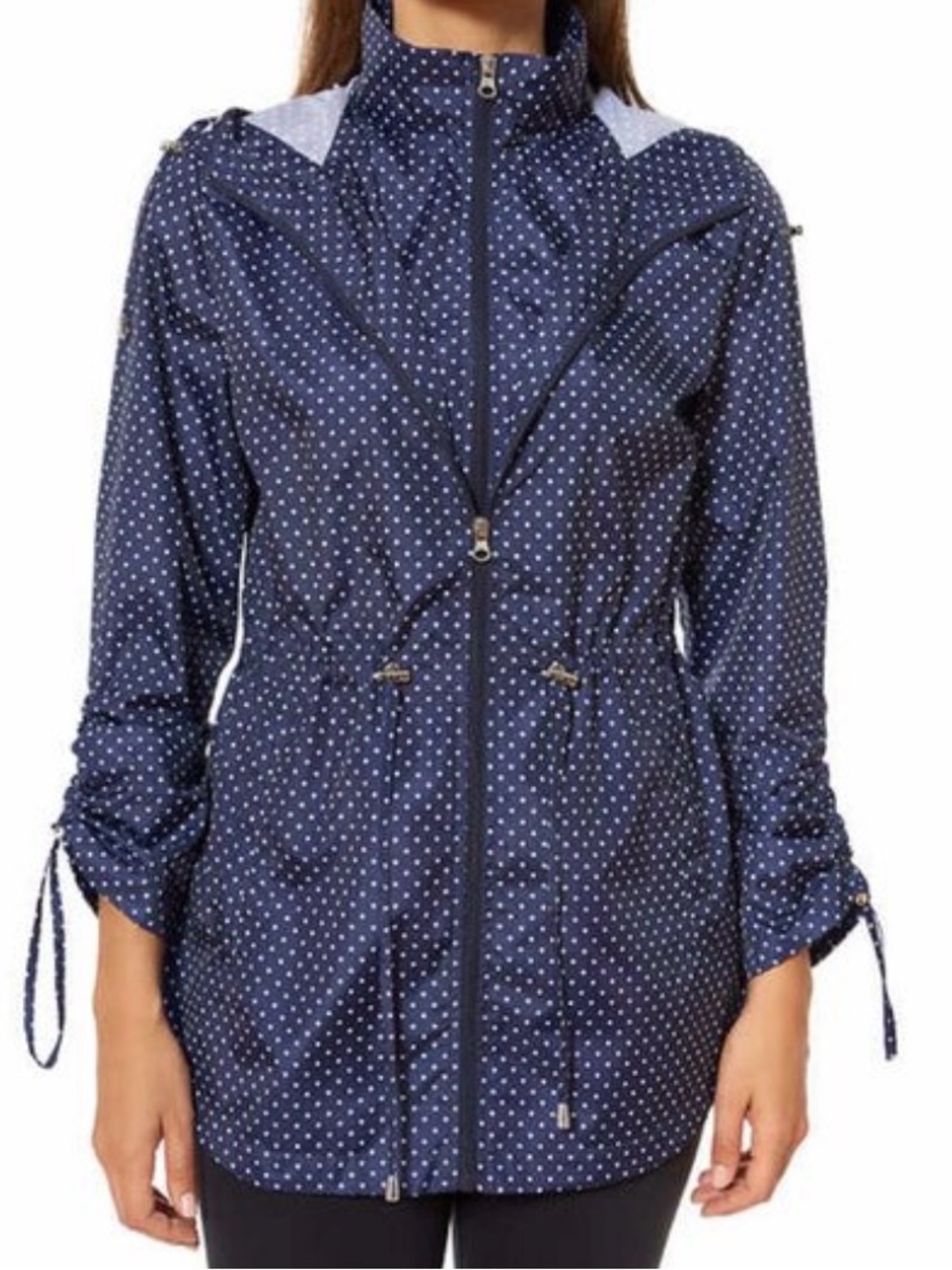 Jones New York Navy Polka Dot Hooded Rain Jacket Anorak S/C